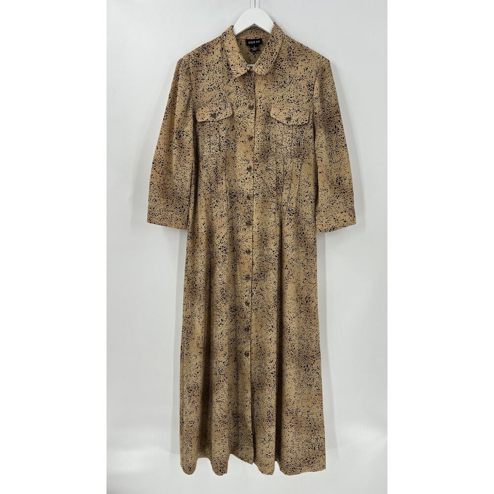 Leslie Fay Vintage Dress Womens 16 Brown Black Maxi Spotted Button Front Pleated
